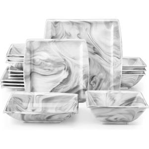imageMALACASA Dinnerware Sets for 4 16Piece Square Plates and Bowls Sets Porcelain Kitchen Dishes Dinner Set with Dinner Plates Dessert Plates Soup Plates and Bowls Marble Grey Series Blance