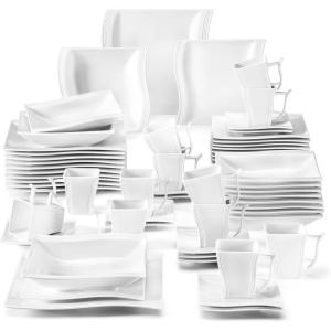 imageMALACASA Ivory White Dinnerware  60 Piece Porcelain Set for 12 Includes Plates Bowls Cups Saucers  Square Plates  Flora Series