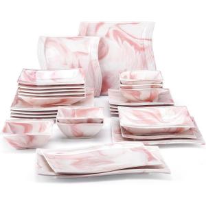 imageMALACASA Ivory White Dinnerware Set 12 Pieces  Porcelain Dinner Plates Dessert Plates and Bowls Square Flora PatternPink