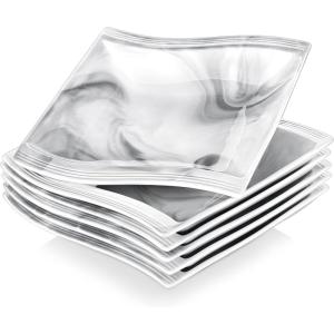 imageMALACASA Pasta Bowls 24 OZ Porcelain Salad Bowls Set of 6 Square Pasta Bowls Shallow Plates Serving Bowls for Ramen Salad and Pasta Marble Grey Series Flora