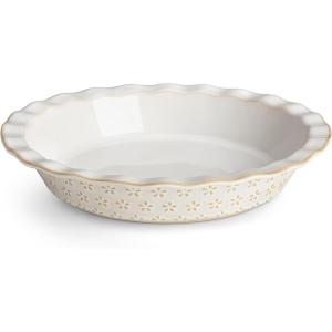 imageMALACASA Pie Dish for Baking Stoneware Pie Pan 9 Inch Embossed Deep Dish Pie Pans 45 OZ Round Baking Dish Pie Pan Fluted Dish Pie Plate for Apple Pie Quiche and Tart Set of 1 Series LYDIASet of 1