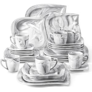 imageMALACASA Plates and Bowls Sets 12Piece Porcelain Dinnerware Sets for 4 Square Plates and Bowls for Dessert Salad and Soup Ceramic Dishes Dining Dishware Set Marble Grey Series BlanceELVIRA  Marble