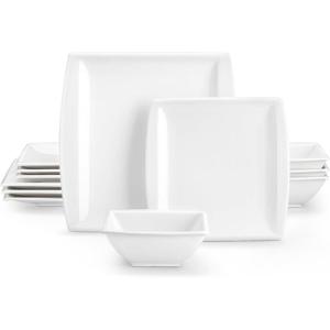 imageMALACASA Plates and Bowls Sets 12Piece Porcelain Dinnerware Sets for 4 Square Plates and Bowls for Dessert Salad and Soup Ceramic Dishes Dining Dishware Set Marble Grey Series BlanceBLANCE  White