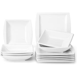 imageMALACASA Plates and Bowls Sets for 6 12 Piece Ivory White Square Dinnerware Set Porcelain Dishes Set with Dinner Plates and Soup Plates Kitchen Dish Set Series BlanceWhite