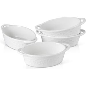 imageMALACASA Souffle Dishes105 OZ Ramekins for Baking White Vine Pattern Ramekin Bowls with Double Handle Ramekin Oven Safe for Pudding Cupcake and Creme Brulee Set of 4 Series Ramekin