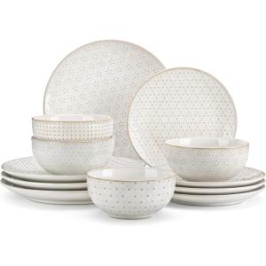 imageMALACASA 12 Pieces Dinnerware Sets Modern Relief Design Plates and Bowls Sets White Dish Set for 4 Kitchen Ceramic Dinner Plates Dishware Set Microwave and Dishwasher Safe Series LYDIA