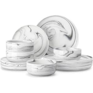 imageMALACASA Plates and Bowls Sets 12 Pieces Porcelain Dinnerware Sets Dishware Sets Chip Resistant Ceramic Dish Set Dining Dinner Ware Service for 4 White Series LUNAMarble Grey
