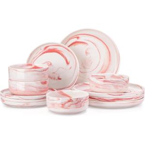 imageMALACASA Plates and Bowls Sets 12 Pieces Porcelain Dinnerware Sets Dishware Sets Chip Resistant Ceramic Dish Set Dining Dinner Ware Service for 4 White Series LUNAMarble Pink