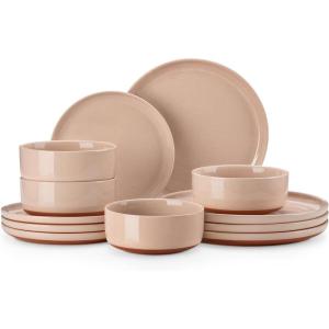 imageMALACASA Plates and Bowls Sets 24 Pieces Modern Ceramic Dinnerware Set for 8 Kitchen Dinner Set Stoneware Dishware Dishes Set Microwave and Dishwasher Safe Pink Series TARAPink