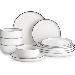 imageMALACASA Plates and Bowls Sets 24 Pieces Modern Porcelain Dinnerware Set for 6 Ceramic Dishware Dishes White Kitchen Dinner Dining Ware Set wtih Black Rim Microwave and Dishwasher Safe Series LUNAIvory WhiteBlack Rim