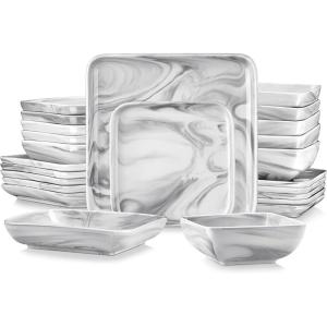 imageMALACASA Plates and Bowls Sets 24Piece Porcelain Dinnerware Sets for 6 Marble Grey Dish Set Square Dinnerware Set with Dinner Plates and Bowls Kitchen Plate Bowl Set Series IVY