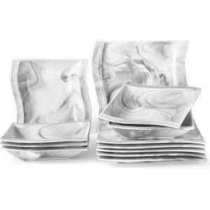 imageMALACASA Square PlatesPorcelain Marble Grey Plates and Bowls SetLarge Dinner PlatesSalad Pasta Bowls Soup PlatesSet of 6 Series Flora 12pcs