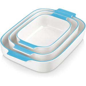 imageMALACASA Casserole Dishes for Oven Ceramic Baking Dishes Set of 3 Rectangular Lasagna Pan Deep Baking Pans Bakeware Sets with Handles Gift Set White with Blue Trim13811794 Series BAKEWhiteBlue Trim