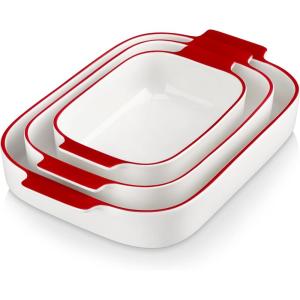 imageMALACASA Casserole Dishes for Oven Ceramic Baking Dishes Set of 3 Rectangular Lasagna Pan Deep Baking Pans Bakeware Sets with Handles Gift Set White with Blue Trim13811794 Series BAKEWhiteRed Trim