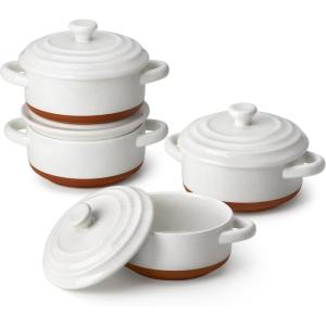 imageMALACASA Mini Cocotte Set  12 OZ Small Casserole Dishes for Oven Ramekins with Lids and Handles Ceramic Mini Dutch Oven Set of 4 Microwave ampamp Dishwasher Safe Khaki White Series TARAKhaki White