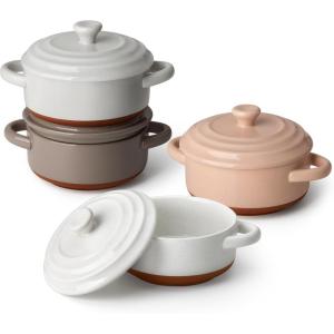 imageMALACASA Mini Cocotte Set  12 OZ Small Casserole Dishes for Oven Ramekins with Lids and Handles Ceramic Mini Dutch Oven Set of 4 Microwave ampamp Dishwasher Safe Khaki White Series TARAMulticolor