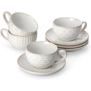 imageMALACASA 8 OZ Cappuccino Cups with Saucers Set of 4  Stackable Espresso and Tea Cups Dishwasher Safe White Ceramic Coffee Mugs for Latte Cappuccino and Americano8 OZ