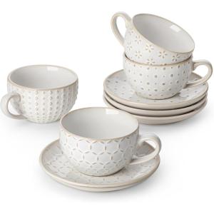 imageMALACASA 8 OZ Cappuccino Cups with Saucers Set of 4  Stackable Espresso and Tea Cups Dishwasher Safe White Ceramic Coffee Mugs for Latte Cappuccino and Americano6 OZ