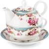 imageMALACASA Tea for One Set Teapot 11 Ounce and Cup 84 Ounce Porcelain Teacup and Saucer Set with Lid and 6 inch Saucer Blue  Series Sweet Time
