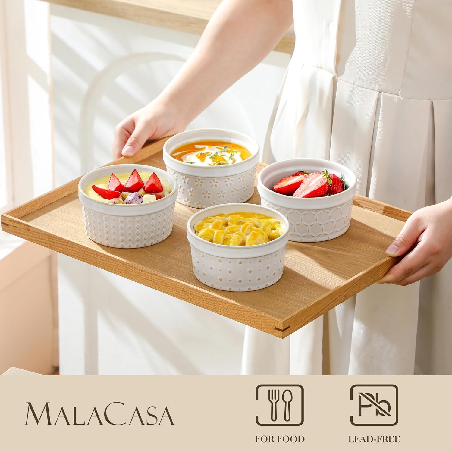 imageMALACASA Ramekins 6 Oz Oven Safe Ceramic Creme Brulee Souffle Dishes Pudding Custard Cups Ramekin For Baking Small Dipping Sauce Bowls Set of 4 Microwave and Dishwasher Safe Arctic White8 oz