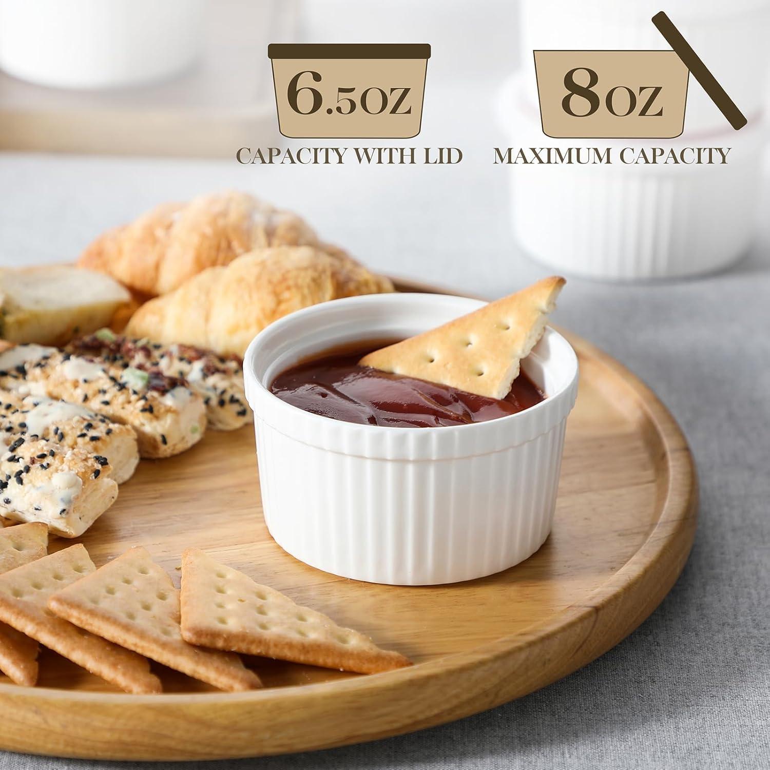 imageMALACASA Ramekins with Lids 8 oz  Set of 6 White Porcelain Creme Brulee Souffle Ramekins with Covers Ceramic Custard Cups for Baking Dishwasher and Oven Safe Series RAMEKINDISH