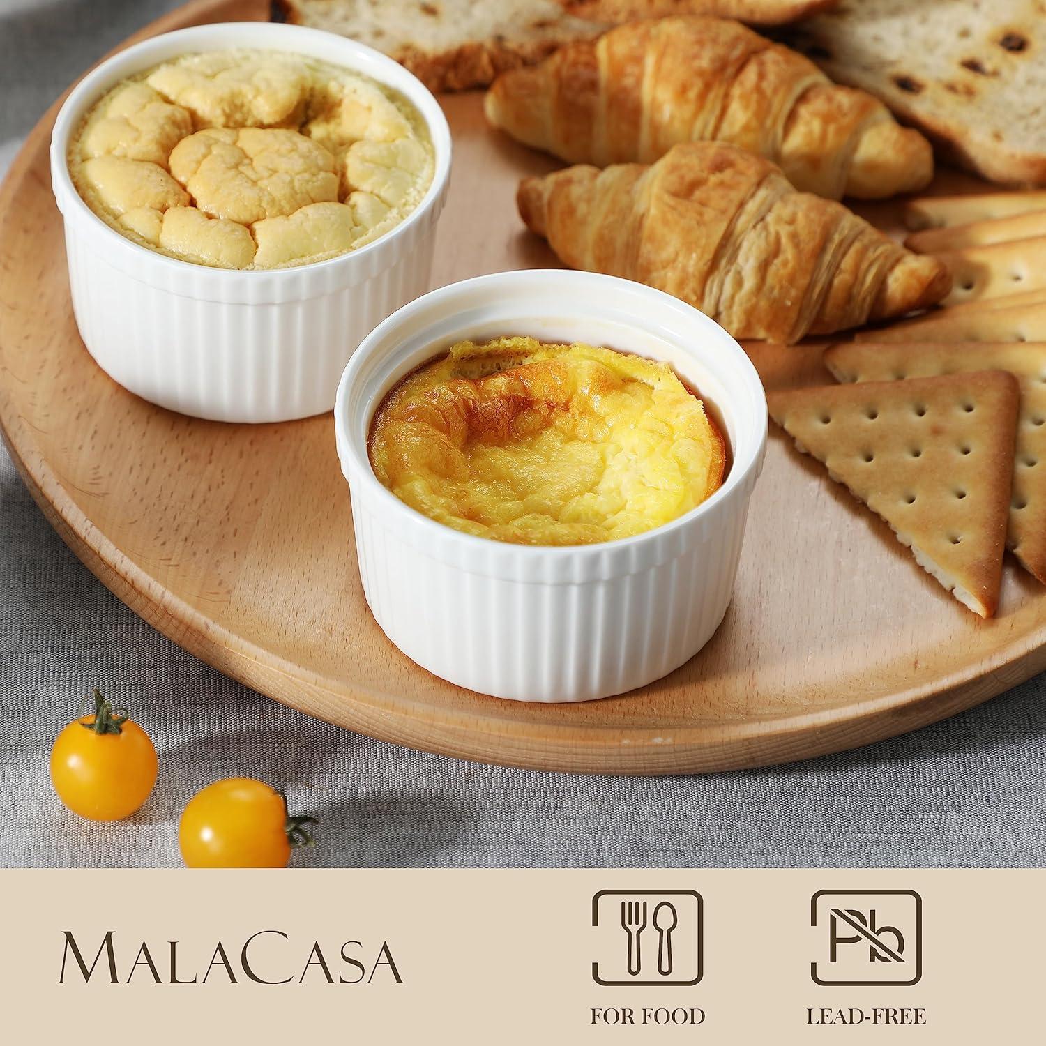 imageMALACASA Ramekins with Lids 8 oz  Set of 6 White Porcelain Creme Brulee Souffle Ramekins with Covers Ceramic Custard Cups for Baking Dishwasher and Oven Safe Series RAMEKINDISH