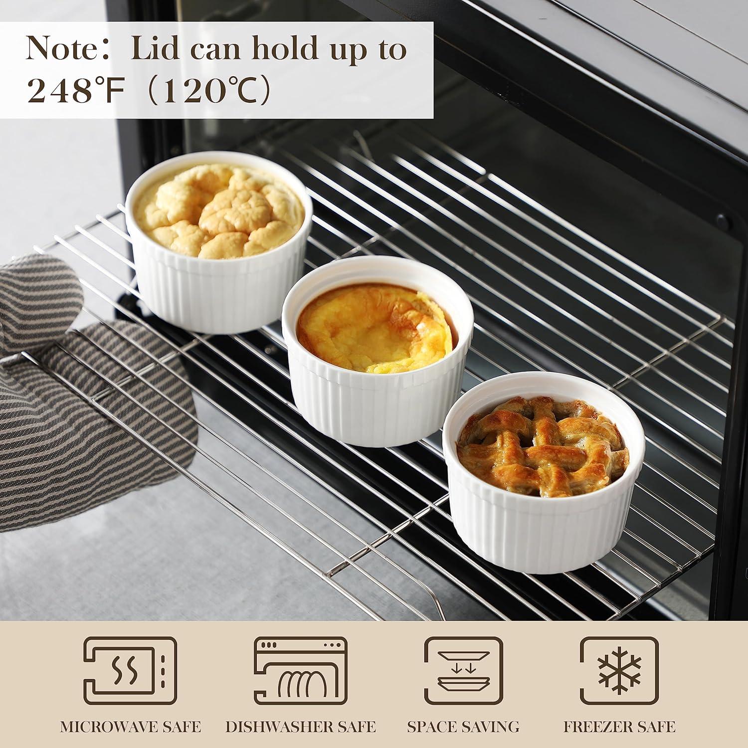 imageMALACASA Ramekins with Lids 8 oz  Set of 6 White Porcelain Creme Brulee Souffle Ramekins with Covers Ceramic Custard Cups for Baking Dishwasher and Oven Safe Series RAMEKINDISH