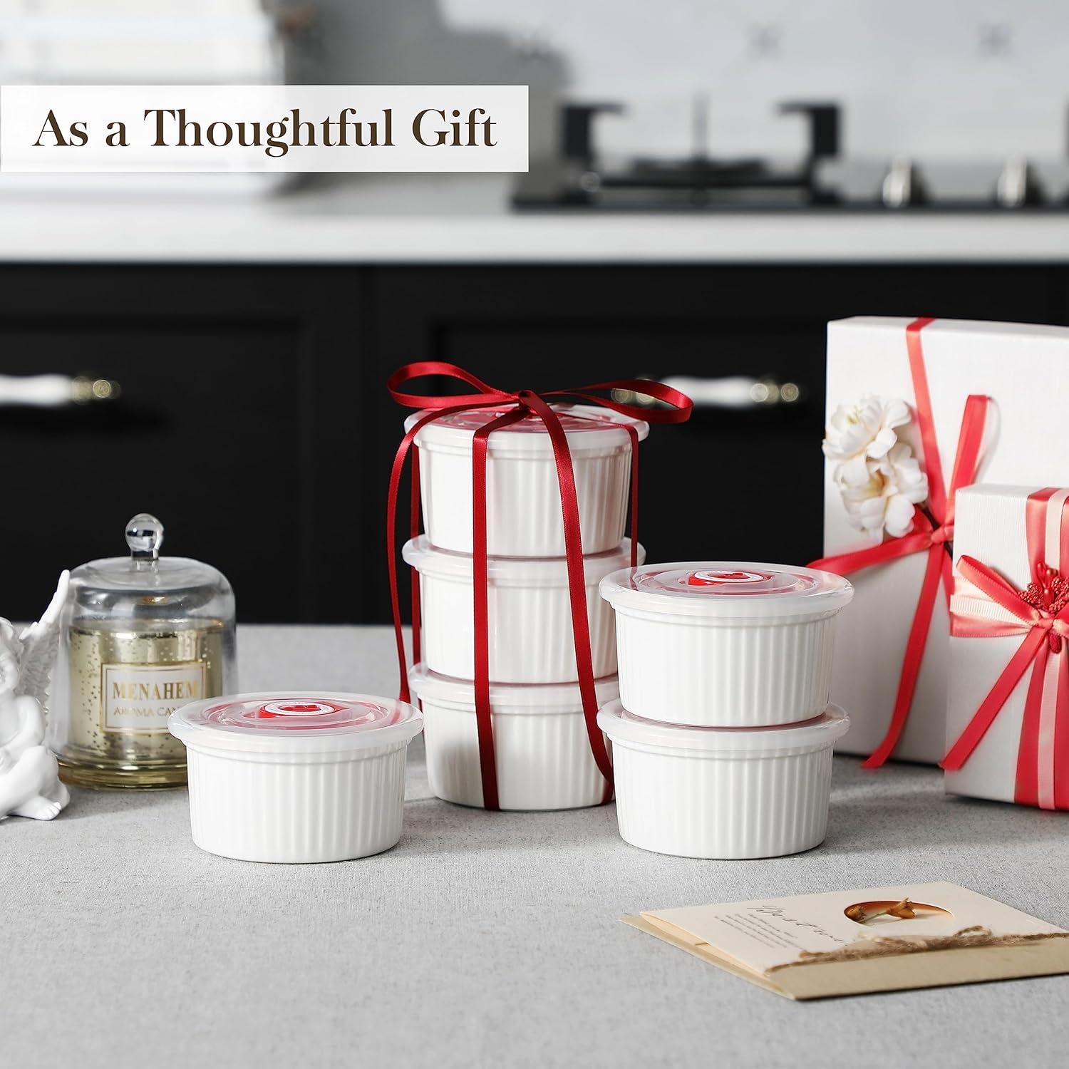 imageMALACASA Ramekins with Lids 8 oz  Set of 6 White Porcelain Creme Brulee Souffle Ramekins with Covers Ceramic Custard Cups for Baking Dishwasher and Oven Safe Series RAMEKINDISH