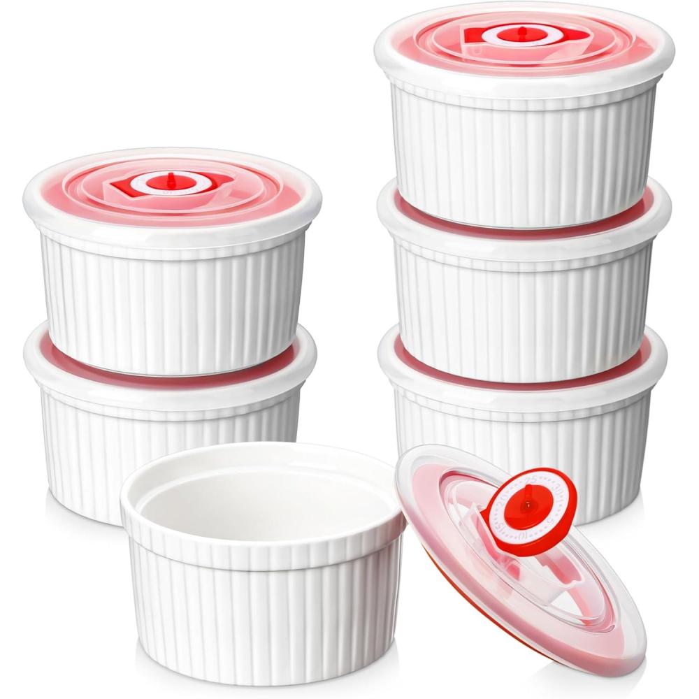 imageMALACASA Ramekins with Lids 8 oz  Set of 6 White Porcelain Creme Brulee Souffle Ramekins with Covers Ceramic Custard Cups for Baking Dishwasher and Oven Safe Series RAMEKINDISH