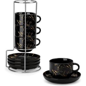 imageMALACASA 8 OZ Porcelain Espresso Cups with Saucers and Metal Stand Set of 4 Stackable Cappuccino Cups Marble White Expresso Shots Cup Set for Coffee Drinks Latte TeaMarble Black