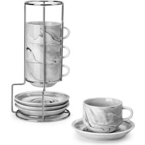 imageMALACASA 8 OZ Porcelain Espresso Cups with Saucers and Metal Stand Set of 4 Stackable Cappuccino Cups Marble White Expresso Shots Cup Set for Coffee Drinks Latte TeaMarble Gray