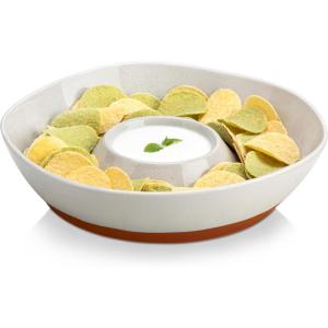 imageMALACASA Ceramic Chips and Dip Serving Tray 12 Inch Large Divided Bowls Set for Salsa Veggies ampamp Dip Appetizers Snacks FreeForm Serving Dish Platter for Parties Hosting ampamp Entertaining GrayKhaki Gray