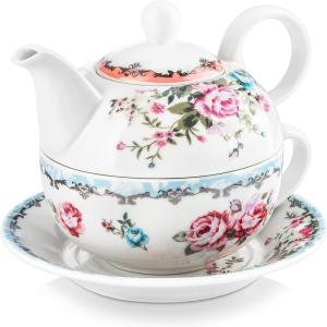 image:imageMALACASA Teapot Set Porcelain Tea Pot Serving Tea for One Set Blooming amp Loose Leaf Teapots 11 Ounce Teapots 84 Ounce Teacup and Saucer Set Series SWEETTIME