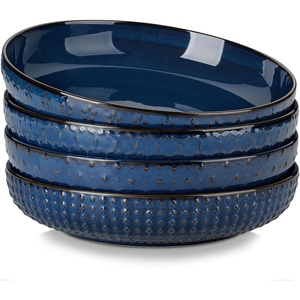 image:imageMALACASA 48 Oz Large Pasta Bowls 95 Inch Ceramic Salad Bowls Serving Bowls Wide and Shallow Plates Pasta Plates Modern Relief Design Microwave amp Dishwasher Safe Set of 4 Blue Series LYDIABlue