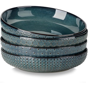image:imageMALACASA 48 Oz Large Pasta Bowls 95 Inch Ceramic Salad Bowls Serving Bowls Wide and Shallow Plates Pasta Plates Modern Relief Design Microwave amp Dishwasher Safe Set of 4 Blue Series LYDIAGreen